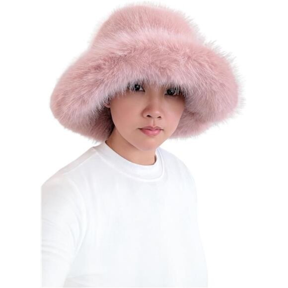 Oversized Winter Faux Fur Bucket Hat for Women Dusty Pink - Picture 2 of 5